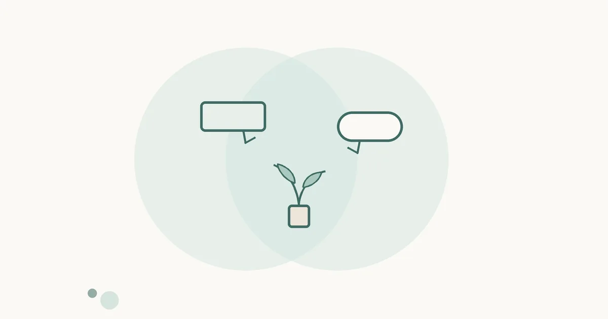 重なる2つの円の上に、形の違う吹き出しと植物を描いたイラスト